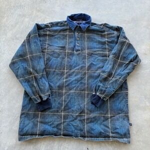 Vintage Drummer Boy Mens XL Plaid Polo Rugby Shirt Long-Sleeve Denim Collar